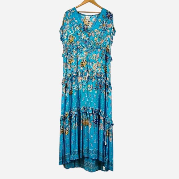 NWT MSRP $498 Hemant & Nandita Turquoise Floral Ruffle‎ Maxi Dress | Size XS - Picture 1 of 12